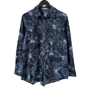 Lela Rose Butterfly Print Cotton Long Sleeve Shirt 8 Navy‎ Blue
